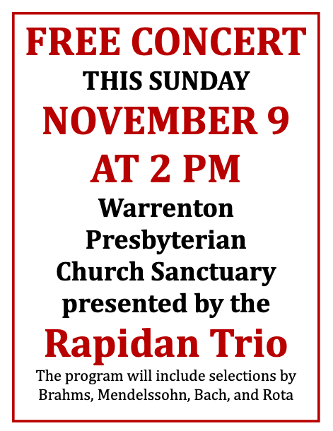 Free Concert November 9, 2025. 2pm Warrenton Presbyterian Church.