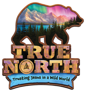 Composite image of a grizzly bear overlaid with image depicting Denali and arctic woodlands and alpine lake.